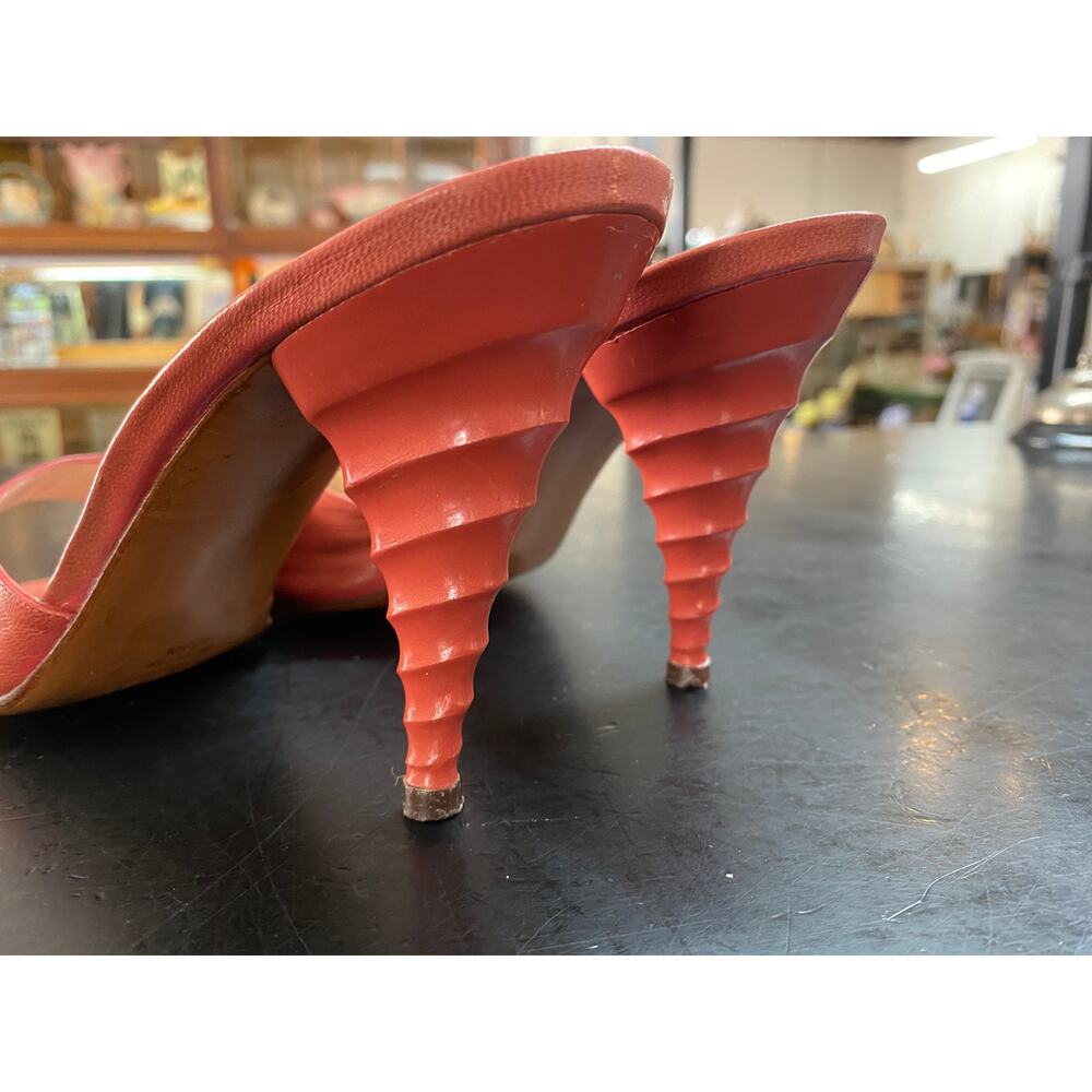 vintage 1970s pink leather mules 70s high heel shoes stilettos size 5 scalloped - Picture 5 of 6